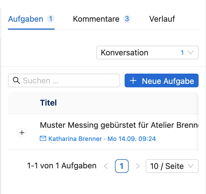 Aufgaben-Reiter: eine Aufgabe mit Link zur verknüpften Nachricht, daneben der Button Neue Aufgabe.